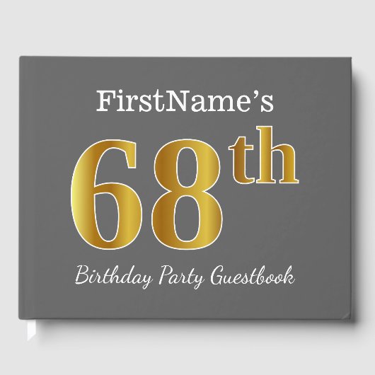 グレー、フェイク金ゴールド68th誕生日パーティー+名前をカスタムする ゲストブック (正面)
