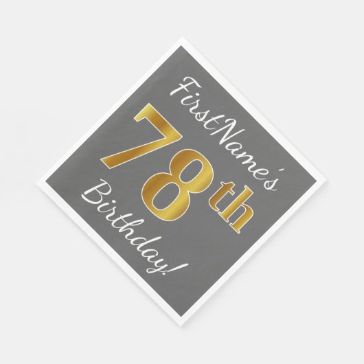 グレー、フェイク金ゴールド78番目の誕生日+名前をカスタムする スタンダードランチョンナプキン (角)