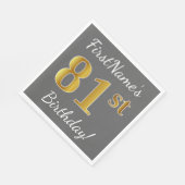 グレー、フェイク金ゴールド81番目の誕生日+名前をカスタムする スタンダードランチョンナプキン (角)