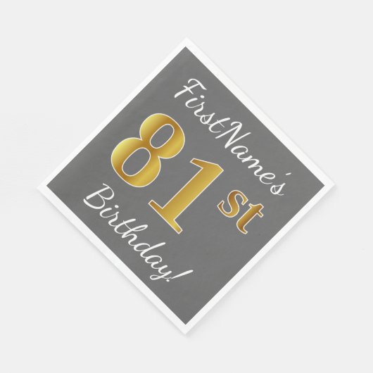 グレー、フェイク金ゴールド81番目の誕生日+名前をカスタムする スタンダードランチョンナプキン (角)