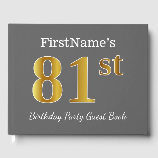 グレー、フェイク金ゴールド81st誕生日パーティー+名前をカスタムする ゲストブック (正面)