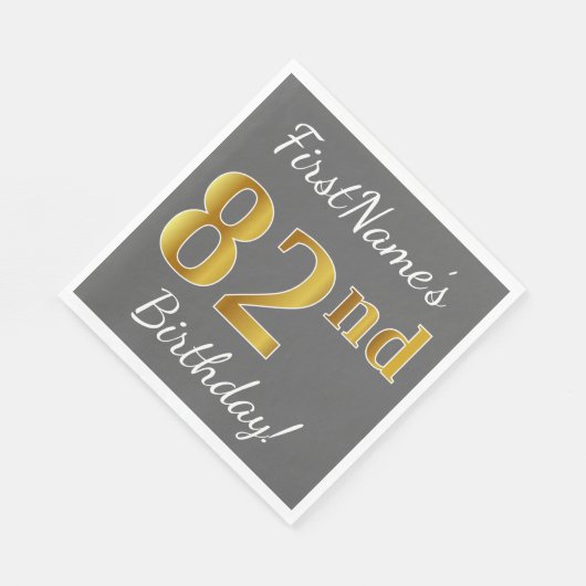 グレー、フェイク金ゴールド82番目の誕生日+名前をカスタムする スタンダードランチョンナプキン (角)