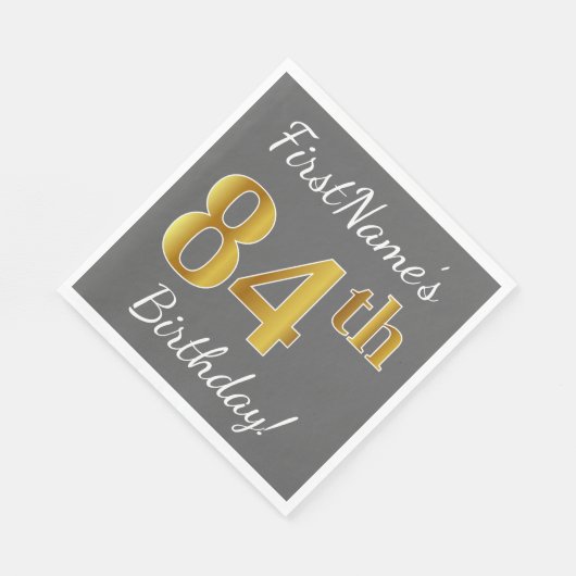 グレー、フェイク金ゴールド84番目の誕生日+名前をカスタムする スタンダードランチョンナプキン (角)