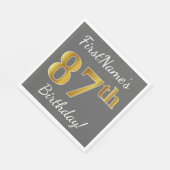 グレー、フェイク金ゴールド87番目の誕生日+名前をカスタムする スタンダードランチョンナプキン (角)