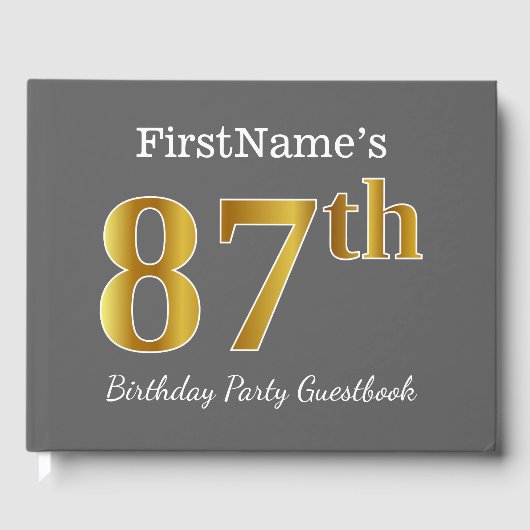 グレー、フェイク金ゴールド87th誕生日パーティー+名前をカスタムする ゲストブック (正面)