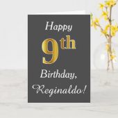 グレー、フェイク金ゴールド9番目の誕生日+名前をカスタムする カード (黄色い花)