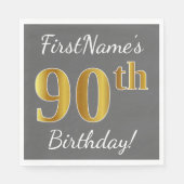 グレー、フェイク金ゴールド90番目の誕生日+名前をカスタムする スタンダードランチョンナプキン (正面)