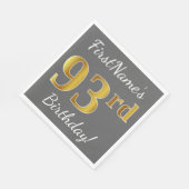 グレー、フェイク金ゴールド93番目の誕生日+名前をカスタムする スタンダードランチョンナプキン (角)
