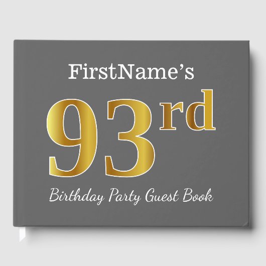グレー、フェイク金ゴールド93rd誕生日パーティー+名前をカスタムする ゲストブック (正面)