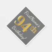 グレー、フェイク金ゴールド94番目の誕生日+名前をカスタムする スタンダードランチョンナプキン (角)