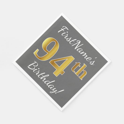 グレー、フェイク金ゴールド94番目の誕生日+名前をカスタムする スタンダードランチョンナプキン (角)