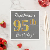 グレー、フェイク金ゴールド95番目の誕生日+名前をカスタムする スタンダードランチョンナプキン (インサイチュ)