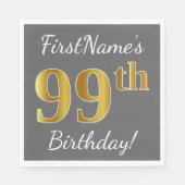グレー、フェイク金ゴールド99誕生日+名前をカスタムする スタンダードランチョンナプキン (正面)