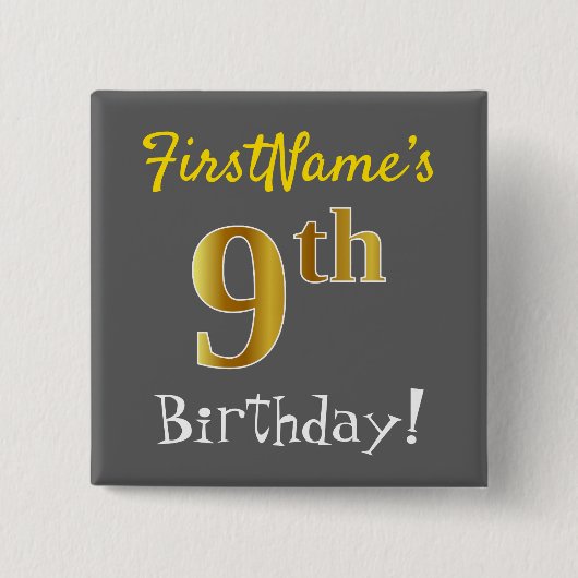 グレー、フェイク金ゴールド9th誕生日、名前をカスタムする付き 缶バッジ (正面)