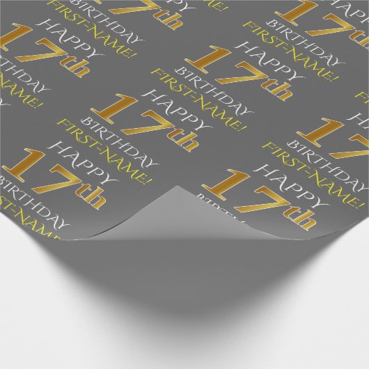 グレー、フェイク金ゴールド「HAPPY 17誕生日」 ラッピングペーパー (角)