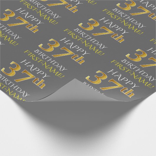 グレー、フェイク金ゴールド「HAPPY 37誕生日」 ラッピングペーパー (角)