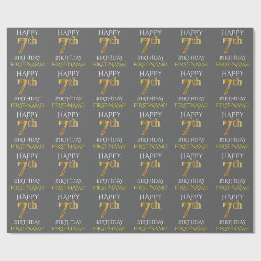 グレー、フェイク金ゴールド「HAPPY 7誕生日」 ラッピングペーパー (フラット)