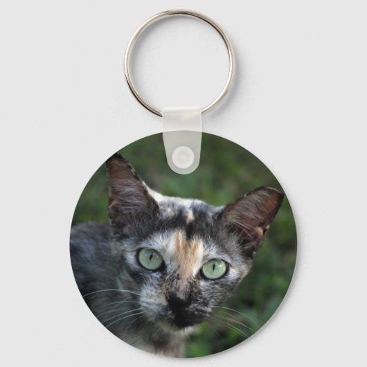 グレー ブラウン 白猫 緑の目 キーホルダー (正面)