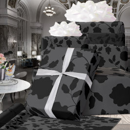 グレー&ブラックフローラエレガンス結婚ズ ラッピングペーパー