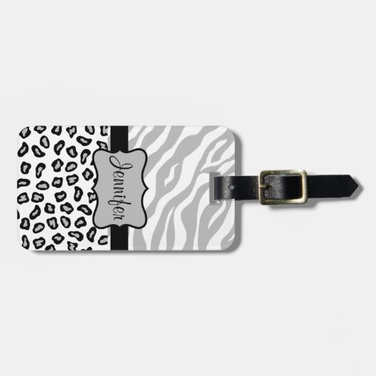 グレー、ブラック&ホワイトのゼブラ&チーテパーソナライズされたー ラゲッジタグ (正面横)