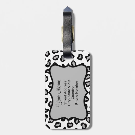 グレー、ブラック&ホワイトのゼブラ&チーテパーソナライズされたー ラゲッジタグ (裏面縦)