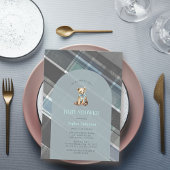 グレー&ブループレイドテディベアボーイベビーシャワー 招待状