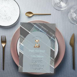 グレー&ブループレイドテディベアボーイベビーシャワー 招待状