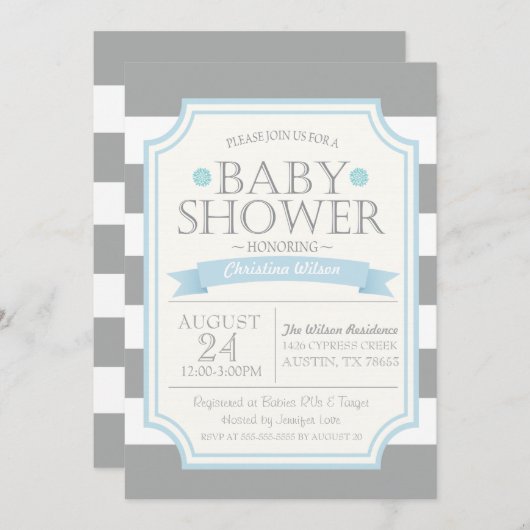 グレー&ブルーベビーシャワー招待状 招待状 (正面/裏面)