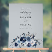 グレー – ブルー&ネイビーフローラ結婚ズ・ウェルカム アクリルサイン (ニュートラル)