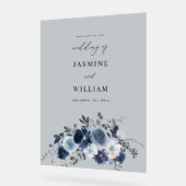 グレー – ブルー&ネイビーフローラ結婚ズ・ウェルカム アクリルサイン (傾斜)