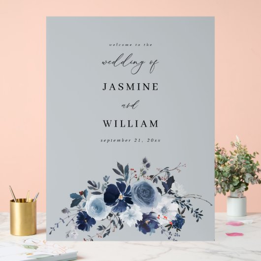 グレー – ブルー&ネイビーフローラ結婚ズ・ウェルカム アクリルサイン (ウェディング)
