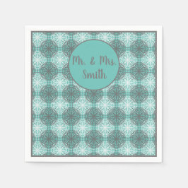 グレー、ブルー、ホワイトレースモノグラムのシェード スタンダードカクテルナプキン