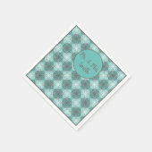 グレー、ブルー、ホワイトレースモノグラムのシェード スタンダードカクテルナプキン (角)