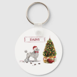 グレー プードル クリスマスの犬とツリー キーホルダー