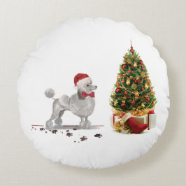 グレー プードル クリスマスの犬とツリー ラウンドクッション