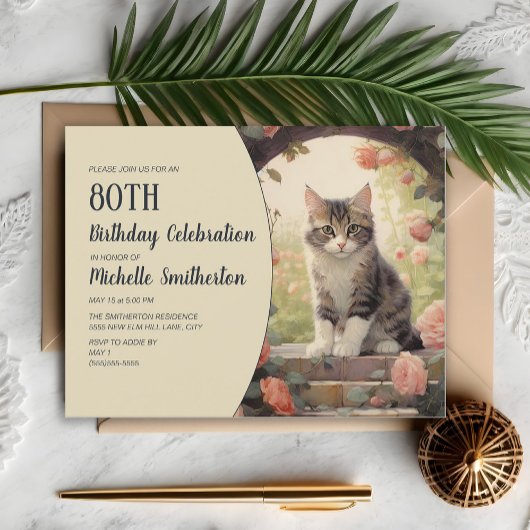 グレー＋ホワイトの子猫のアーチ 80歳の誕生日 招待状