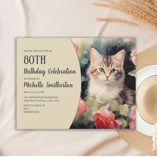 グレー+ホワイトの子猫の80歳の誕生日 招待状