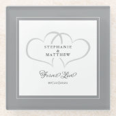 グレー&ホワイトエレガントな結婚式ハート永遠の愛 ガラスコースター (正面)