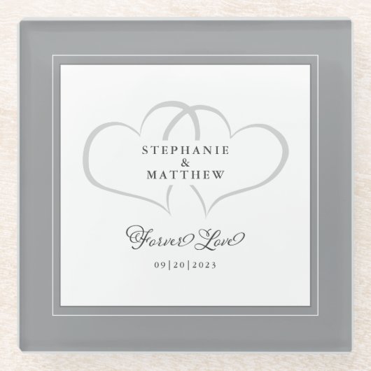 グレー&ホワイトエレガントな結婚式ハート永遠の愛 ガラスコースター (正面)