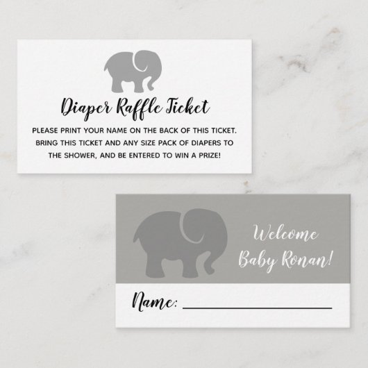 グレー&ホワイトエレファントおむつラッフルチケット エンクロージャーカード (正面/裏面)