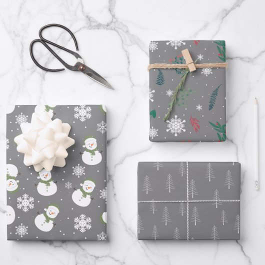 グレー&ホワイトキュート冬の雪だるま雪片 ラッピングペーパーシート (正面)
