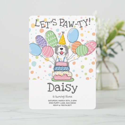 グレー&ホワイトシェパドールドッグバースデーパーティー 招待状 (スタンド正面)