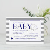 グレー&ホワイトストライプ男の赤ちゃんネイビーブルーベビーシャワー 招待状 (スタンド正面)