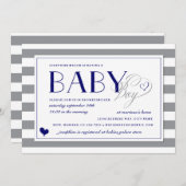 グレー&ホワイトストライプ男の赤ちゃんネイビーブルーベビーシャワー 招待状 (正面/裏面)