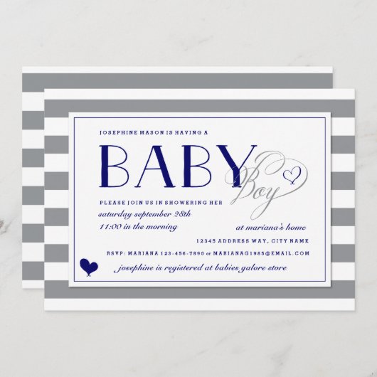 グレー&ホワイトストライプ男の赤ちゃんネイビーブルーベビーシャワー 招待状 (正面/裏面)