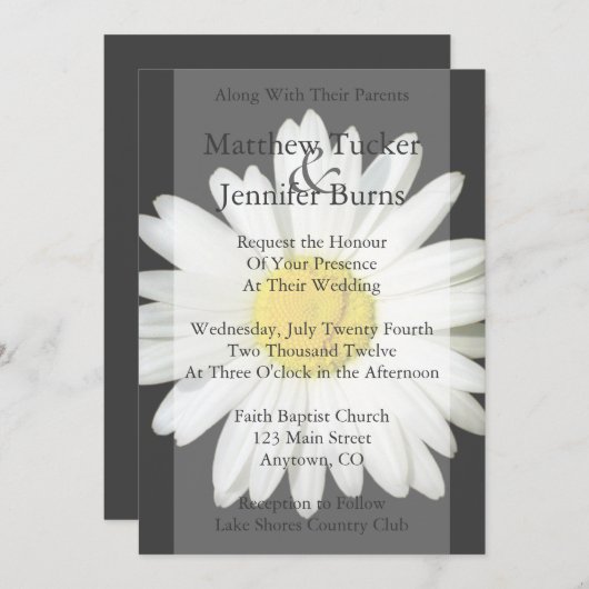 グレー&ホワイトデイジー結婚式招待状発表 招待状 (正面/裏面)
