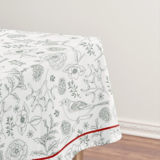 グレー/ホワイトナチュラルクリスマス&（鳥）ショウジョウコウカンチョウレッド縁ど テーブルクロス (インサイチュ)