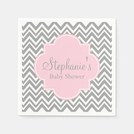 グレー、ホワイト、パステルピンクシェブロンベイビーシャワー スタンダードカクテルナプキン (正面)