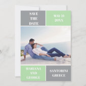 グレー、ミントグリーンカラーブロックウェディング日付を保存 セーブザデート (正面)