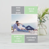 グレー、ミントグリーンカラーブロックウェディング日付を保存 セーブザデート (スタンド正面)